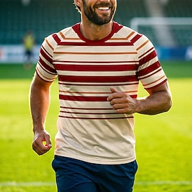 Camiseta de futebol masculina, gola redonda, manga curta, respirável, com estampa listrada, em tecido de malha, ideal para torneios, proteção UFP50.