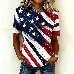 American Independence Day Women's T Shirt Print Graphic Flag Letter Vintage Fashion Stylish Short Sleeve Crew Neck Regular Tops Casual Daily Weekend Blue White