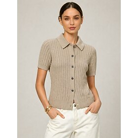 Women's Polo Shirts Knit Shirts Solid Color Plain Vintage Daily Stylish Short Sleeve Shirt Collar Regular Tops Casual White Army Green Navy Blue Beige Summer S