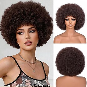Brown Afro Wig with bangs 70s Short Afro Curly Wigs for Black Women Bouncy Huge Fluffy Puff Synthetic Kinky Curly Wig for Cosplay Daily and Party Use 10 Inch