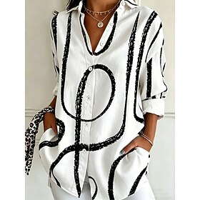 Women's Shirt Buttons Print Graphic Geometric Striped Elegant Vintage Daily Long Sleeve Shirt Collar Regular Tops Casual Daily Work Blue White Beige Summer Spr