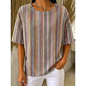 Women's Waffle T-shirt Textured Knit Tops Striped Floral Graphic Geometric Stylish Classic Short Sleeve Crew Neck Regular Tops Casual Daily Blue Yellow Green K