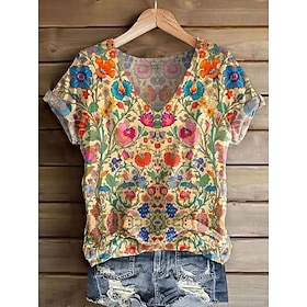 Women's T Shirt Print Floral Graphic Tribal Stylish Classic Casual Short Sleeve V Neck Regular Tops Casual Daily Blue Yellow Red Orange Green Summer Spring