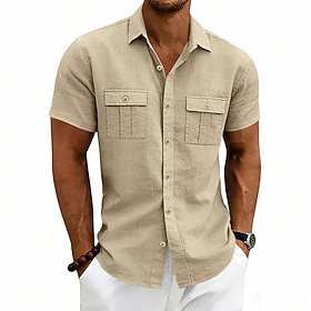 Men's Shirt Linen Shirt Summer Shirt Beach Shirt Plain Outdoor Vacation Black White Navy Blue Khaki Short Sleeve Turndown Summer Spring Clothing Apparel Pocket