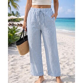 Women's Casual Pants Straight Vacation Basic Ankle-Length High Waist Striped Striped Breathable Inelastic Vacation Formal Street Apricot Dark Navy Light Blue S
