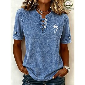 Women's Henley Shirt Vintage Fashion Stylish Short Sleeve Long Tops Casual Beach Blue Pink Purple Green Grey Summer Spring