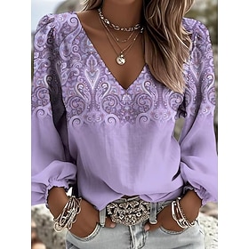 Women's Shirt Boho Shirt Print Floral Graphic Paisley Elegant Bohemia Vacation Long Sleeve V Neck Long Tops Casual Daily Holiday Light Green Light Purple Orang