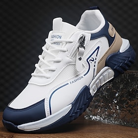 Men's White and Navy Athletic Sneakers, Lightweight Breathable Mesh, Comfortable Casual Sports Shoes for Running, Walking and Outdoor Activities