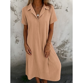Women's Midi Dress Casual Dress Cotton Linen Dress Elegant Fashion Modern Outdoor Vacation Going out Regular Fit Plain Short Sleeve Shirt Collar Blue Black Ora