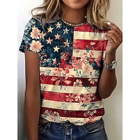 American Independence Day Women's T Shirt Print Floral Graphic Flag Stylish Classic Casual Short Sleeve Crew Neck Round Neck Regular Tops Casual Daily Blue Red