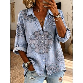 Women's Shirt Blouse Patchwork Buttons Graphic Geometric Stylish Classic Modern Long Sleeve Shirt Collar Regular Tops Casual Daily Holiday Blue Pink Purple Ora