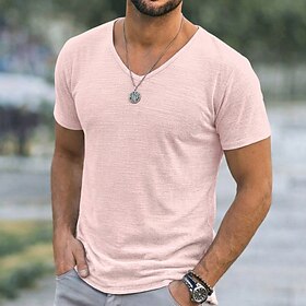 Per uomo Maglietta Camicia a Maniche Corte Maglietta in lino Manica Corta Scollo a V Estate Primavera Tinta unica Semplice Striscia di Fossa Streetwea