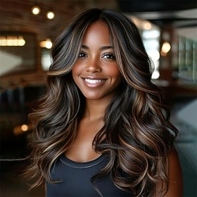 Black Mix Highlight Brown Wig with Bangs Long Wavy Layered Wig with Curtain Bangs for White Black Women,Synthetic Ombre Highlight Brown Layered Long Wavy Shagg
