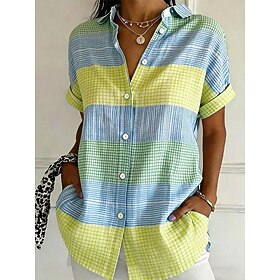 Women's Shirt Buttons Print Graphic Geometric Striped Vintage Daily Stylish Short Sleeve Shirt Collar Regular Tops Casual Daily Blue White Yellow Pink Summer S