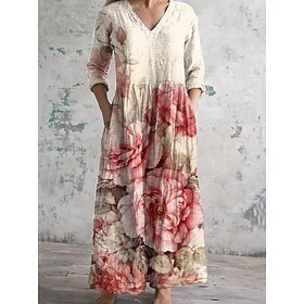 Women's Maxi Dress Casual Dress Print Dress Elegant Fashion Modern Outdoor Vacation Weekend Loose Fit Floral Long Sleeve V Neck Pink Summer Spring
