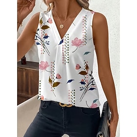 Women's Tank Top Floral Graphic Plants Elegant Vintage Stylish Sleeveless V Neck Regular Tops Beach Wedding Casual Daily White Light Pink Light Purple Orange S