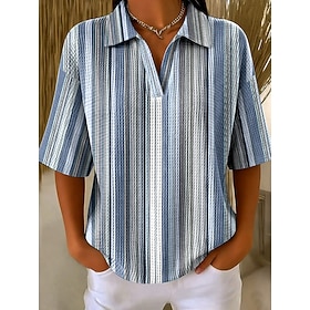 Women's Waffle T-shirt Textured Knit Tops Striped Graphic Geometric Elegant Vintage Stylish Half Sleeve Polo Collar Regular Tops Casual Daily Blue White Purple