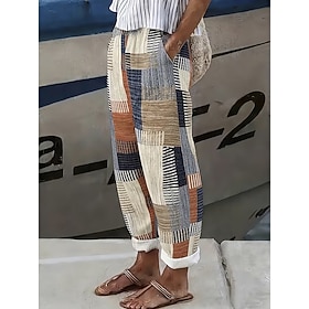 Women's Linen-feel Pants Wide Leg Casual Pants Summer Pants Vacation Fashion Streetwear Ankle-Length Mid Waist Graphic Striped Abstract Drawstring Patchwork Po