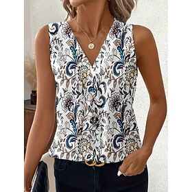 Women's Tank Top Floral Graphic Elegant Vintage Stylish Sleeveless V Neck Regular Tops Casual Daily Blue Orange Khaki Summer Spring