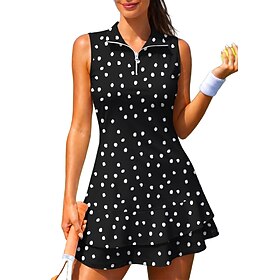 Women's Geometric Polka Dot Tennis Dress Sports Dress Sleeveless Floral Breathable Tennis Golf Badminton Polo Collar Zip Collar Dress Black with White Yellow P