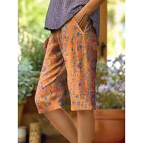 Women's Bermuda shorts Cotton Linen Shorts Vacation Vintage coastalgrandmastyle Knee Length Mid Waist Floral Graphic Print Comfort Inelastic Daily Outdoor St
