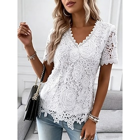 Women's T Shirt Tee Top Lace Patchwork Plain Elegant Fashion Stylish Short Sleeve V Neck Regular Tops Daily Going out Weekend Blue Black White Pink Red Summer