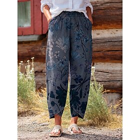 Women's Cotton Blend Chinos Slacks Summer Pants Vacation Basic Casual / Sporty Ankle-Length Mid Waist Graphic Prints Dandelion Pocket Baggy Print Comfort Comfo