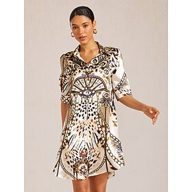 Vintage Leopard Jewelry Silky Satin Straight Shirt Dress