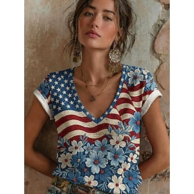 American Independence Day Women's T Shirt Print Graphic Letter American Flag Stylish Classic Casual Short Sleeve V Neck Regular Tops Casual Daily Blue Black an
