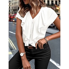 Women's Shirt Blouse Chiffon Tops Ruffle Shirt Ruffle Plain Stylish Basic Classic Short Sleeve V Neck Regular Tops Daily Holiday Going out Black White Wine Dar