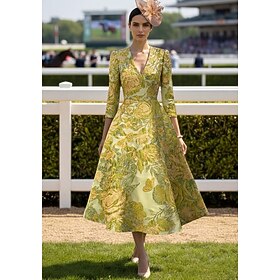 A-Line Ankle Length Cocktail Dresses Elegant Floral 3/4 Length Sleeve V Neck Wedding Formal Jacquard with Floral Print Pleats