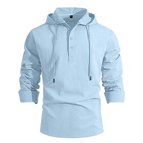 Men's Cotton Linen Shirt T Shirt Henley Shirt Long Sleeve Shirt Long Sleeve Hooded Spring Fall Plain Fashion Streetwear Casual Drawstring Buttons Daily Vacatio