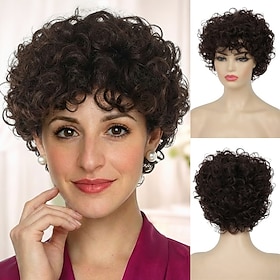 Kurze, dunkelbraune Lockenperücken für Damen – realistische, enge Spirallocken mit Pony – voluminöse, synthetische Pixie-Lockenperücke