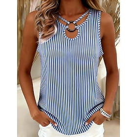 Women's Keyhole Top Tunic Tank Top Keyhole Striped Graphic Geometric Striped Stylish Classic Sleeveless Asymmetrical Regular Tops Casual Daily Blue White-Blue