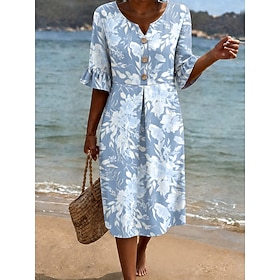 Women's Midi Dress Sundress Casual Dress A Line Dress Elegant Vacation Stylish Beach Holiday Regular Fit Floral Graphic Short Sleeve V Neck Blue Yellow Orange