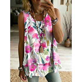 Women's Tank Top Patchwork Layered Print Floral Graphic Elegant Casual Sleeveless Crew Neck Regular Tops Casual Daily Blue Pink Purple Orange Summer Spring