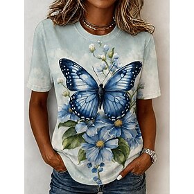 Women's T Shirt Print Floral Graphic Dragonfly Bohemia Hawaiian Stylish Short Sleeve Crew Neck Regular Tops Casual Daily Blue Yellow Pink Purple Green Summer S
