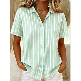 Women's Shirt Graphic Geometric Striped Vintage Tropical Stylish Short Sleeve Shirt Collar Regular Tops Casual Daily Blue Green Summer Spring