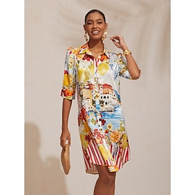 Santorini Summer Silky Scenic Floral Shirt Dress