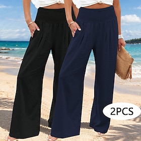 Multi Packs 2pcs Women's 100% Cotton Summer Pants Wide Leg Trousers Vacation Fashion Basic Full Length High Waist Plain Baggy Breathable Micro-elastic Daily St