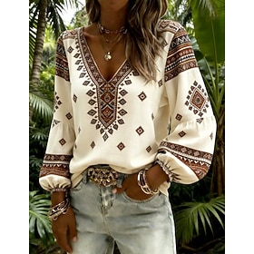 Women's Shirt Graphic Geometric Paisley Bohemia Vacation Vintage Long Sleeve V Neck Regular Tops Casual Daily Holiday Blue / Black Pink Dark Blue Beige Summer