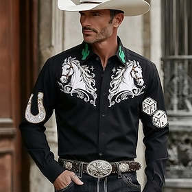 Men's Horse Cactus Horseshoe Shirt Western Shirt Cowboy Shirt Long Sleeve Vintage Retro Casual Outdoor WorkWear Summer Spring Turndown 3D Print Linen Like Shir