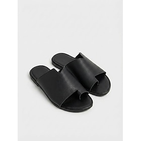 Women's Black Leather Slide Sandals - Comfortable Open-Toe Summer Footwear for Casual and Everyday Wear