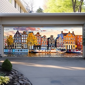 Amsterdam Canal View, banner per porta del garage, cartellone pubblicitario, architettura olandese, murale panoramico per esterni, copertura per decor