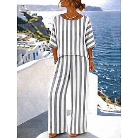 Women's Waffle Pants Sets Half Sleeve Round Neck Graphic Striped Print Fashion Streetwear Casual Daily Outdoor Blue Gray Spring  Summer Loose Fit