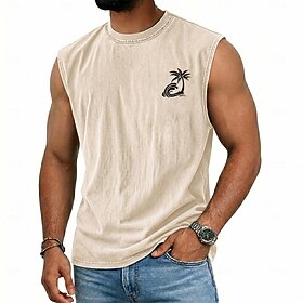 Men's Coconut Palm Vest Top Acid Washed T Shirt Undershirt Sleeveless T shirt Graphic Print Crew Neck Shirt Vacation Tropical Fashion Daily Vacation Beaches Bl