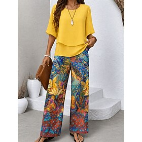 Women's Pants Sets Half Sleeve Butterfly Sleeve Round Neck Floral Graphic Elegant Vacation Casual Daily Beach Blue Yellow Spring  Summer Loose Fit