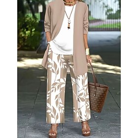 Women's Pants Sets Long Sleeve Round Neck Floral Graphic Print Fashion Streetwear Casual Daily Outdoor Red Green Khaki Spring Summer Regular Fit