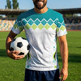 Camiseta de futebol masculina, gola redonda, manga curta, tecido respirável, proteção solar UPF50, nas cores verde-azulado, azul-marinho e verde-limão, com est