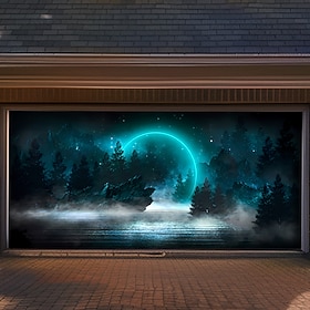 portale al neon fantascienza notte foresta lago panoramico porta del garage banner cartellone pubblicitario grande scala paesaggio cyber futuristico m